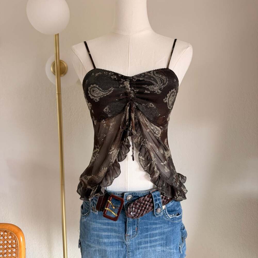 Good Days Project Brown Paisley Mesh Drawstring Ruffle Hem Camisole Top